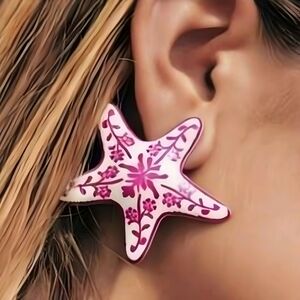 Pink and white metal starfish earrings with enamel coating; 1.7h x 1.85w; nwot